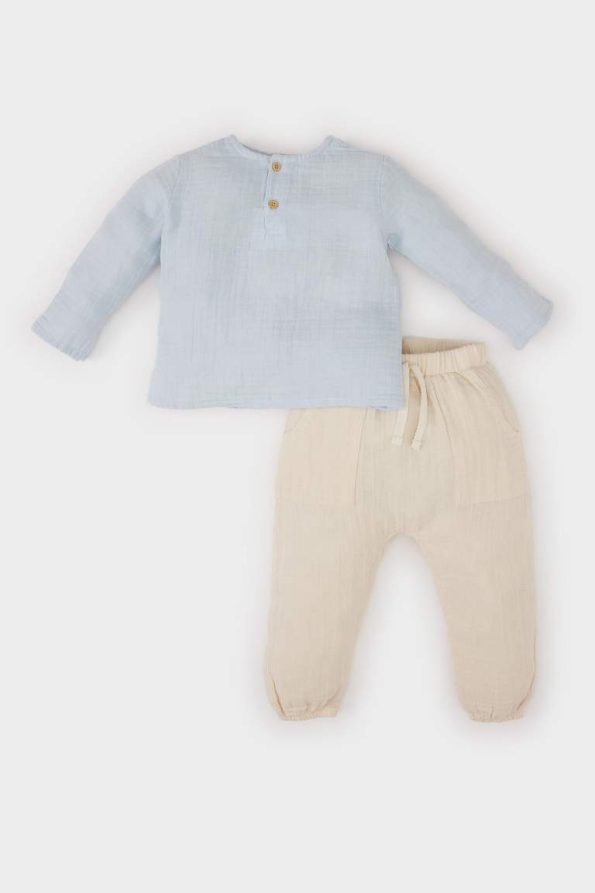 Boys' 2-Piece Set with Long Sleeve Muslin Top and Elastic Waist Bottom