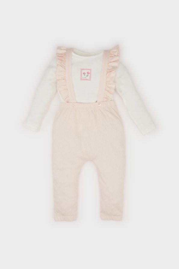Girls' Baby 2-Piece Floral Long Sleeve Crinkle Fabric T-Shirt and Overalls Set