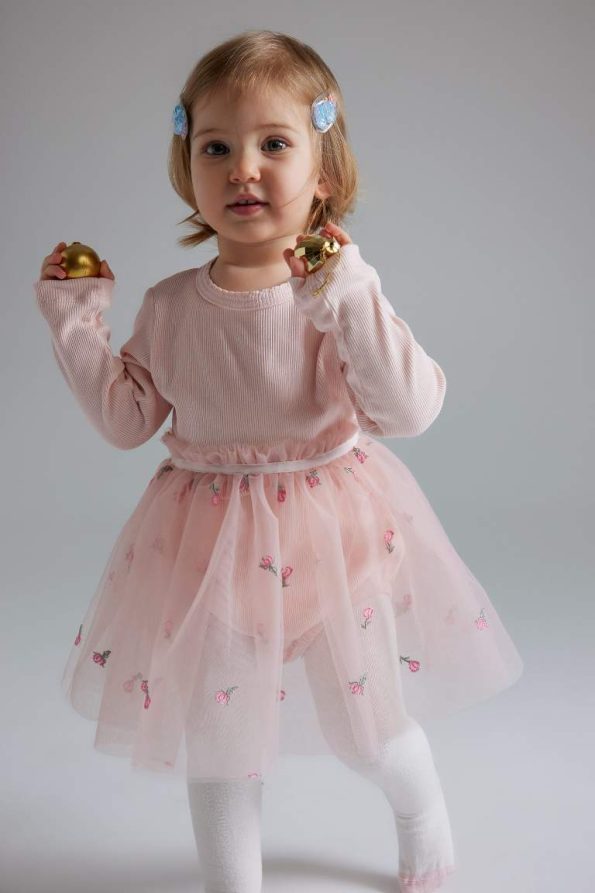 Embroidered Ribbed Baby Girls' Newborn Romper Set