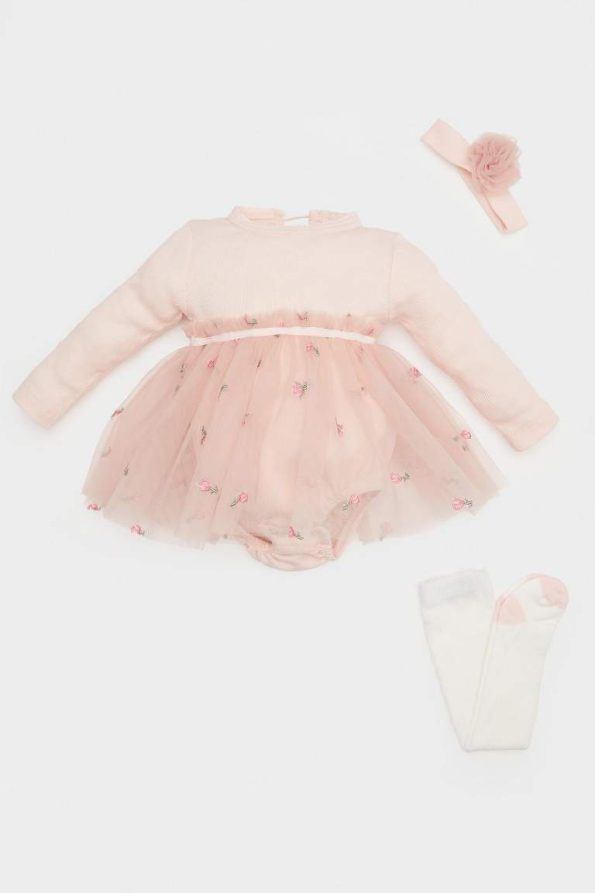Embroidered Ribbed Baby Girls' Newborn Romper Set