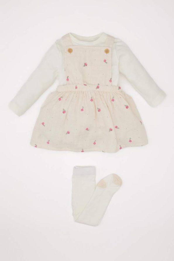Girls' Baby 3-Piece Muslin Floral Long Sleeve T-Shirt Romper Dress with Tights