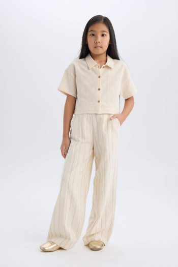 Girls' Cropped Fit Linen Short Sleeve Shirt