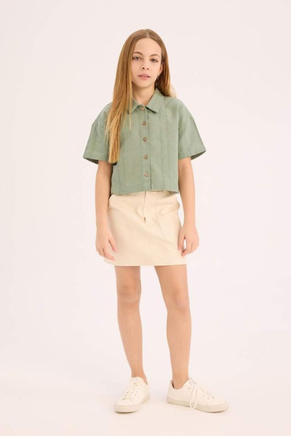 Girls' Cropped Fit Linen Short Sleeve Shirt