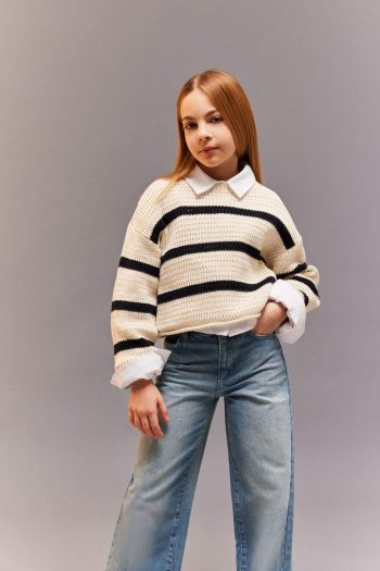 Girls' Striped Round Neck Knit Sweater