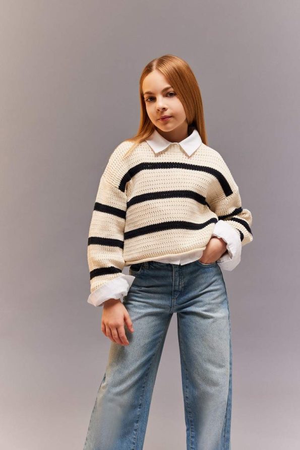 Girls' Striped Round Neck Knit Sweater