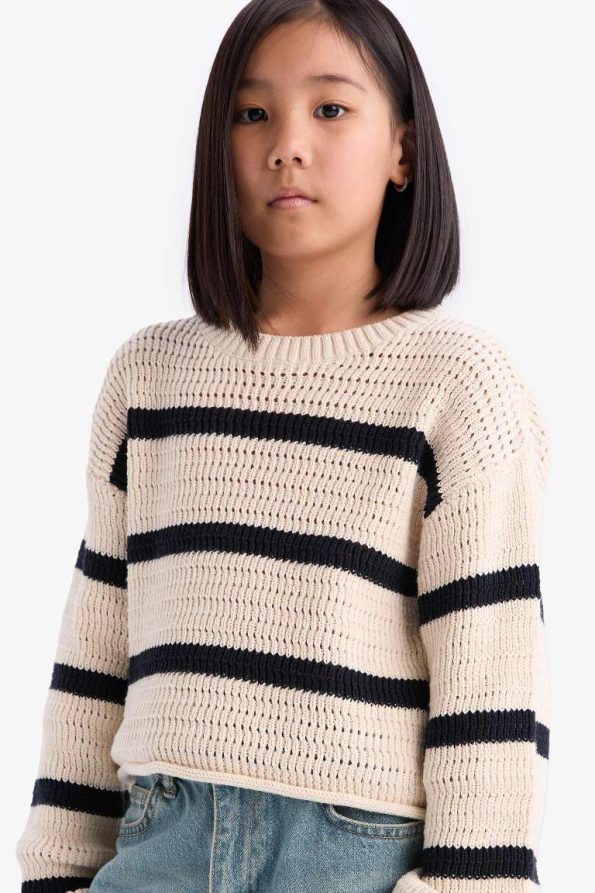 Girls' Striped Round Neck Knit Sweater