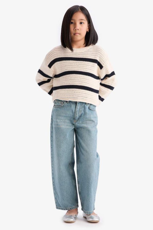 Girls' Striped Round Neck Knit Sweater