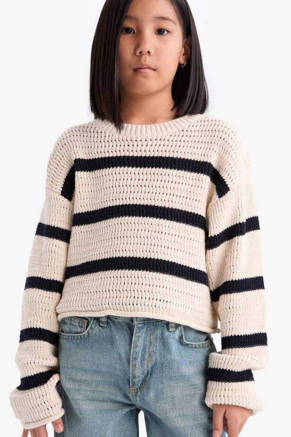 Girls' Striped Round Neck Knit Sweater