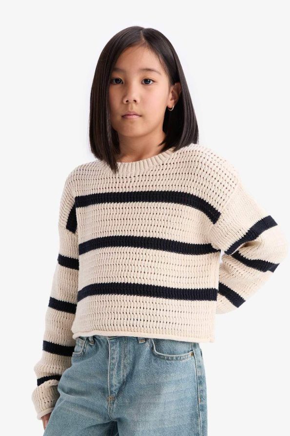 Girls' Striped Round Neck Knit Sweater