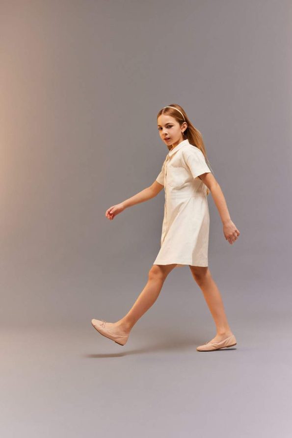 Girls' Gabardine Pocketed Button-Up Short Sleeve Summer Dress