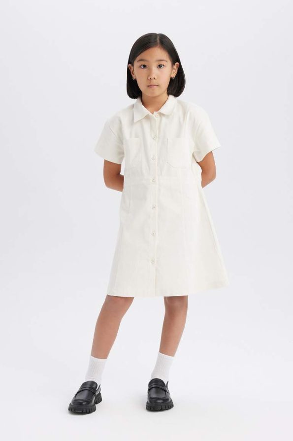 Girls' Gabardine Pocketed Button-Up Short Sleeve Summer Dress