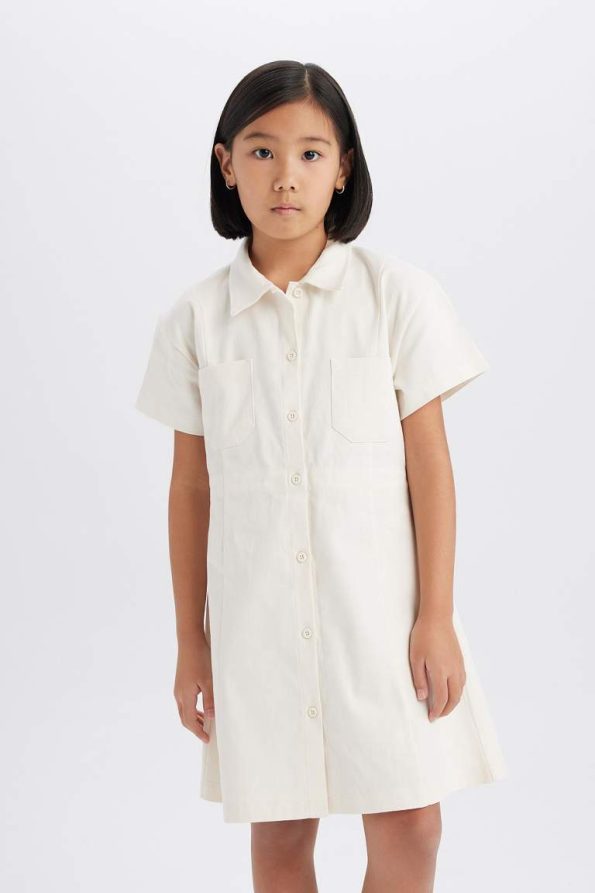 Girls' Gabardine Pocketed Button-Up Short Sleeve Summer Dress