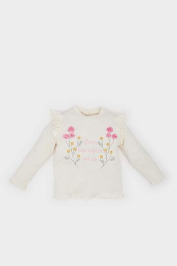 Girls' Long Sleeve Floral Ribbed T-Shirt