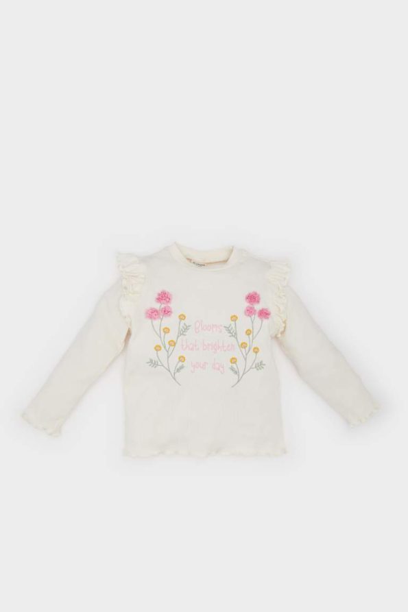 Girls' Long Sleeve Floral Ribbed T-Shirt