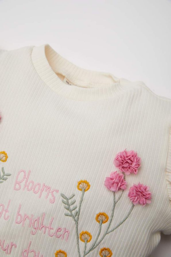 Girls' Long Sleeve Floral Ribbed T-Shirt