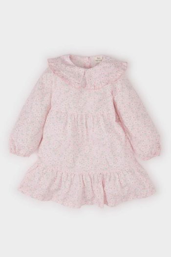Girls' Floral Long Sleeve Twill Dress with Large Collar