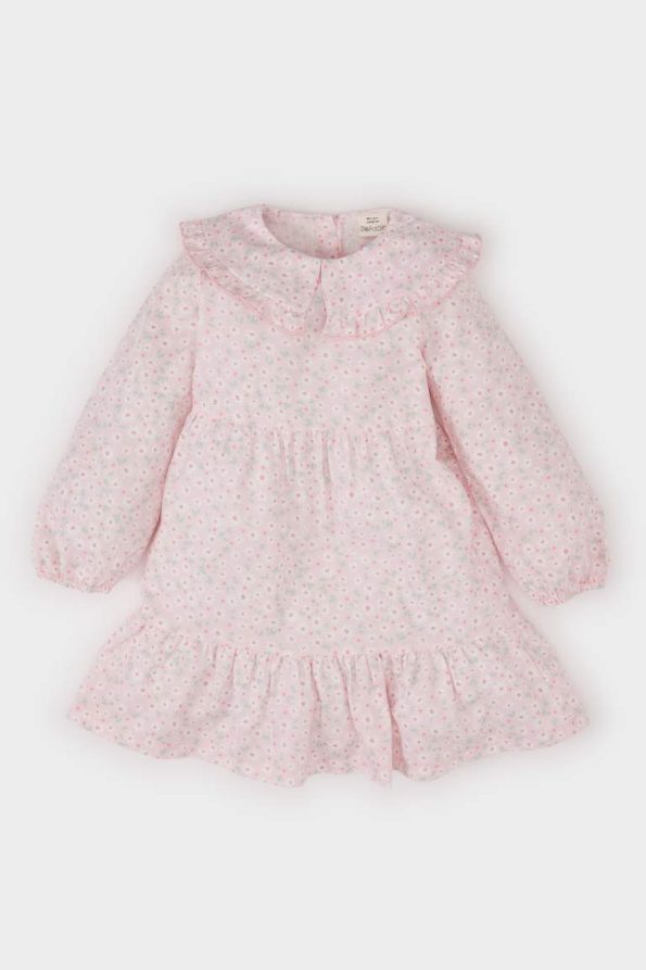Girls' Floral Long Sleeve Twill Dress with Large Collar