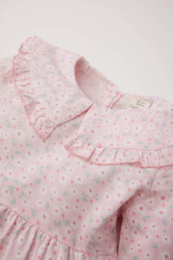 Girls' Floral Long Sleeve Twill Dress with Large Collar