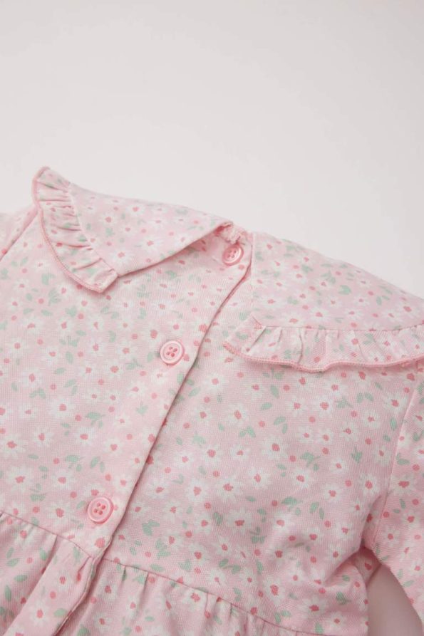Girls' Floral Long Sleeve Twill Dress with Large Collar