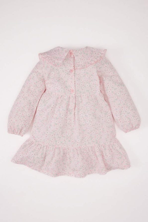 Girls' Floral Long Sleeve Twill Dress with Large Collar