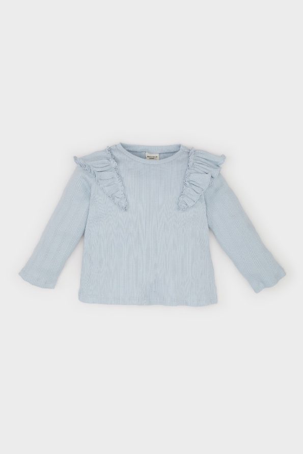 Girls' Long Sleeve Ruffled T-Shirt with Crew Neck