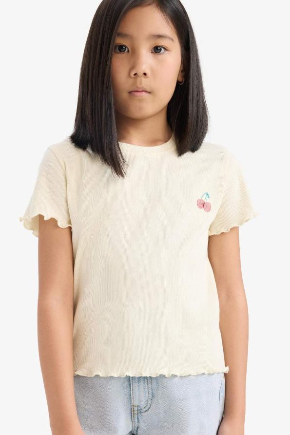 Girls' Slim Fit Short Sleeve Printed Ribbed T-Shirt