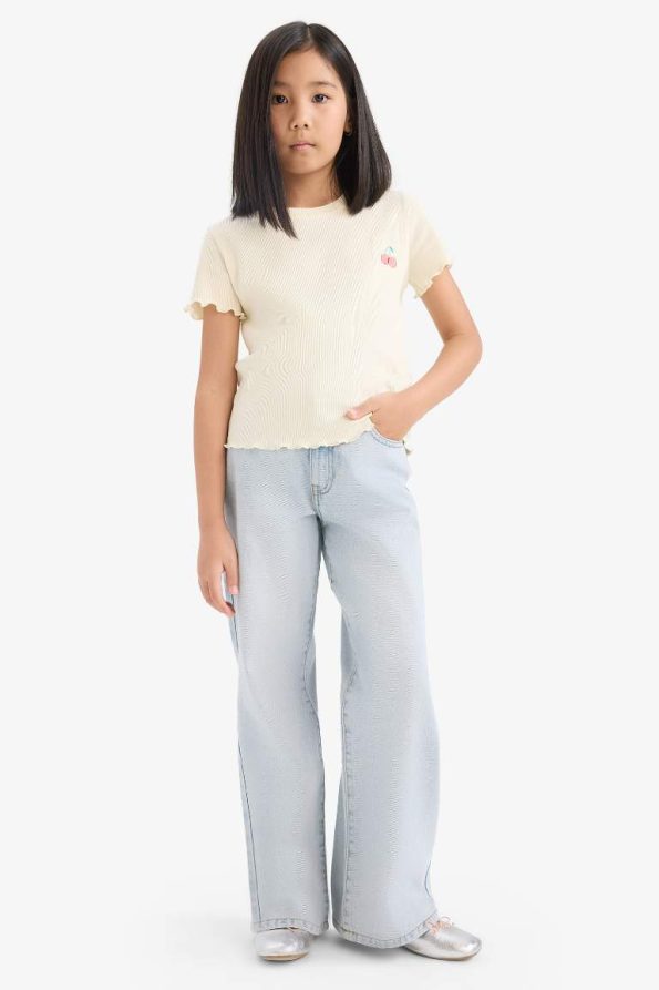 Girls' Slim Fit Short Sleeve Printed Ribbed T-Shirt