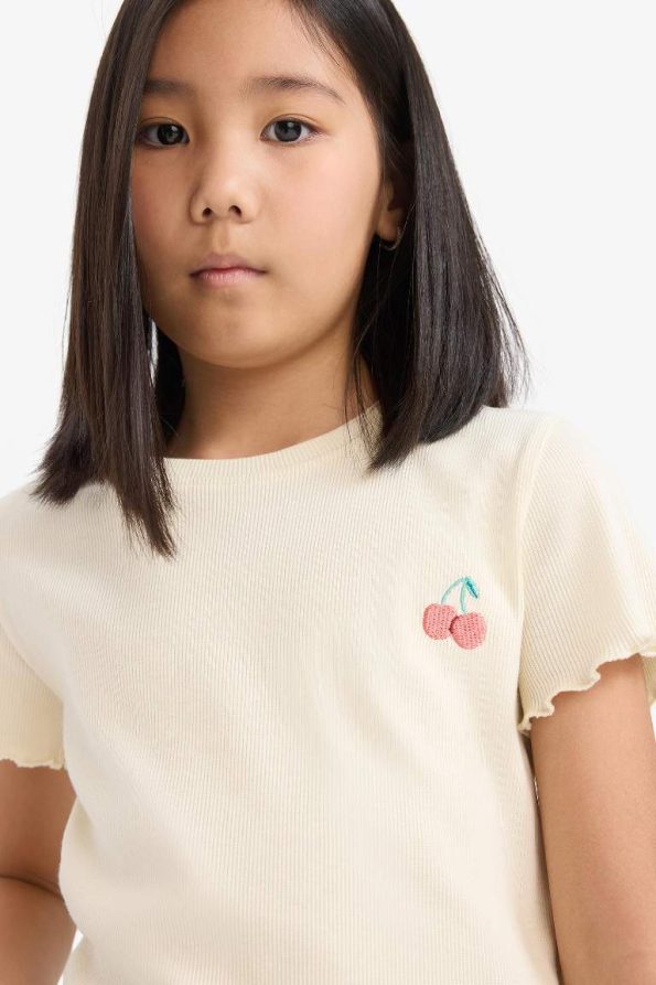 Girls' Slim Fit Short Sleeve Printed Ribbed T-Shirt