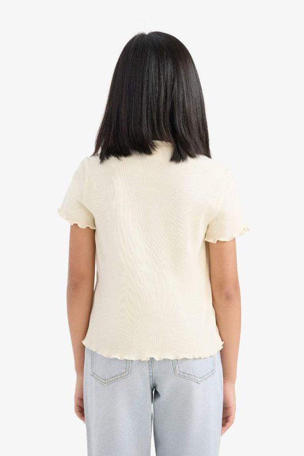 Girls' Slim Fit Short Sleeve Printed Ribbed T-Shirt
