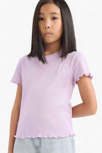 Girls' Slim Fit Short Sleeve Printed Ribbed T-Shirt