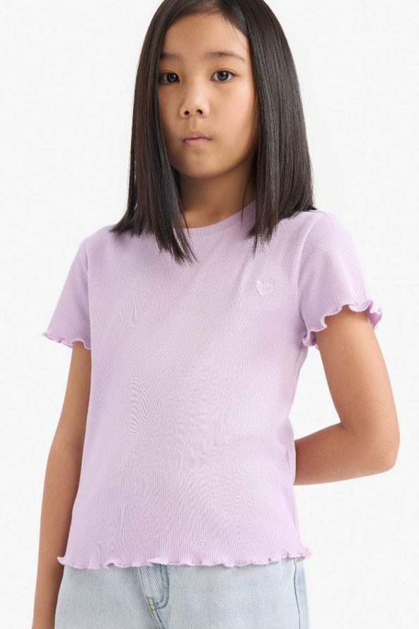 Girls' Slim Fit Short Sleeve Printed Ribbed T-Shirt