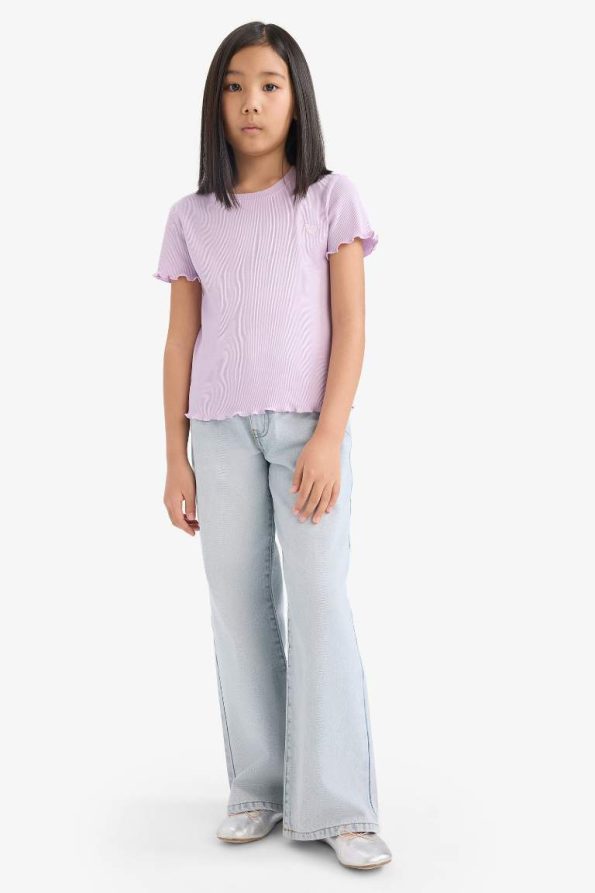 Girls' Slim Fit Short Sleeve Printed Ribbed T-Shirt