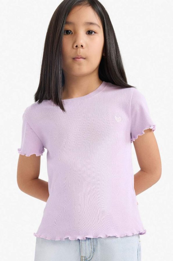 Girls' Slim Fit Short Sleeve Printed Ribbed T-Shirt