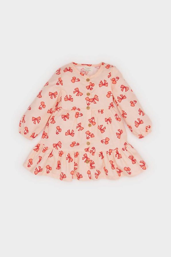 Girls' Long Sleeve Twill Dress with Bow Pattern