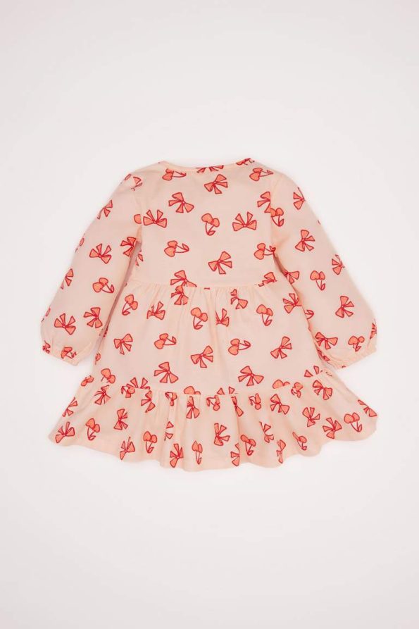 Girls' Long Sleeve Twill Dress with Bow Pattern