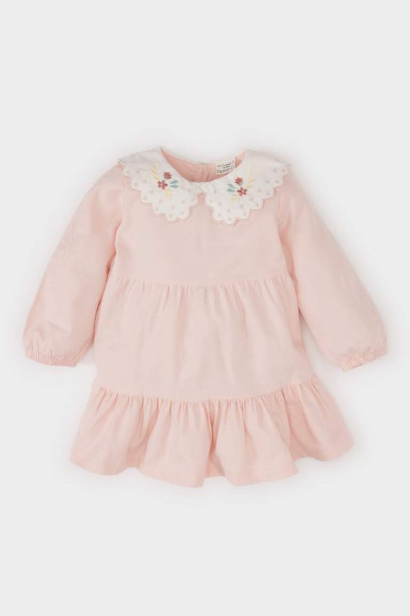 Girls' Long Sleeve Twill Dress with Flower Embroidery