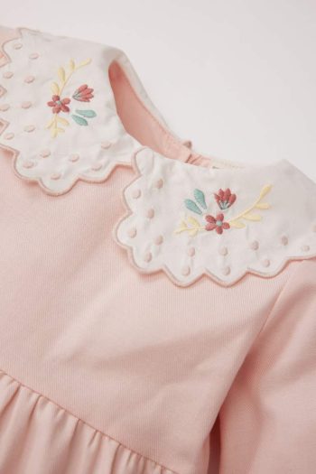 Girls' Long Sleeve Twill Dress with Flower Embroidery