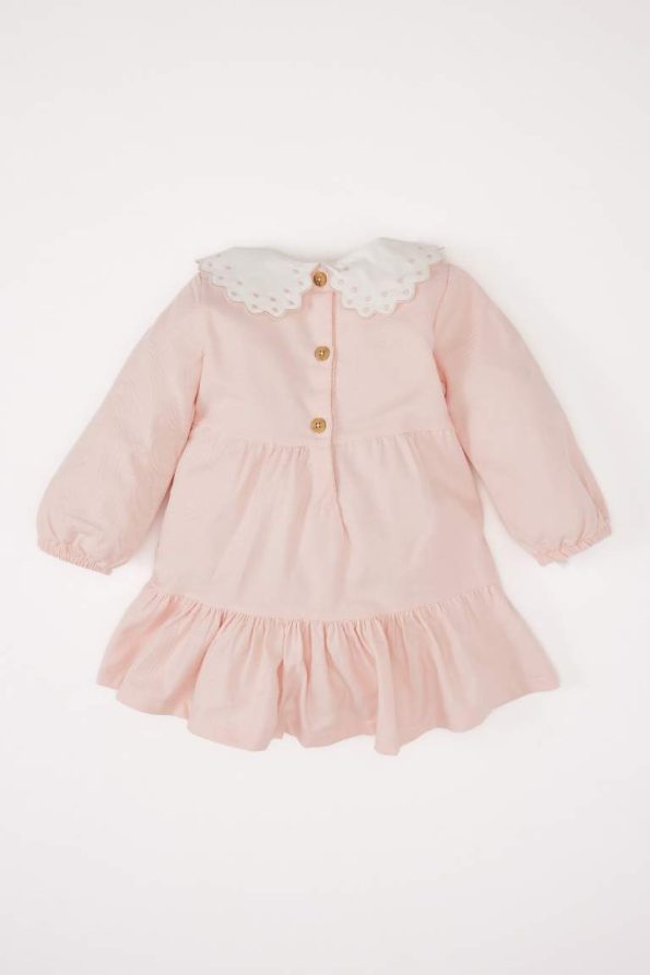 Girls' Long Sleeve Twill Dress with Flower Embroidery