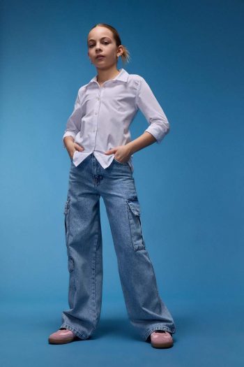 Girls' Wide Leg Cargo Cotton Jeans