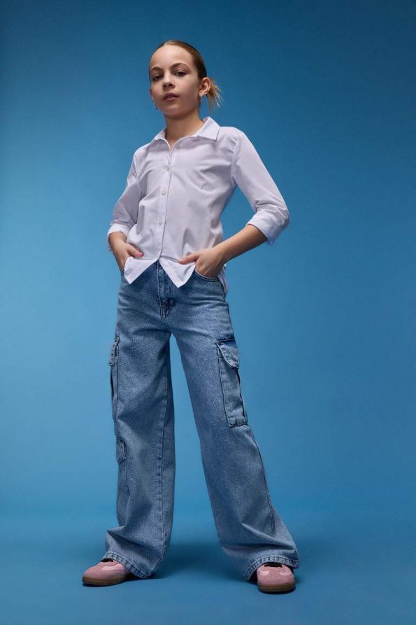 Girls' Wide Leg Cargo Cotton Jeans