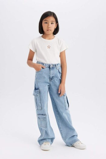 Girls' Wide Leg Cargo Cotton Jeans