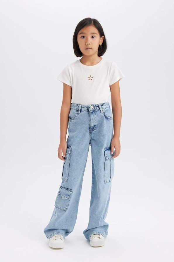 Girls' Wide Leg Cargo Cotton Jeans