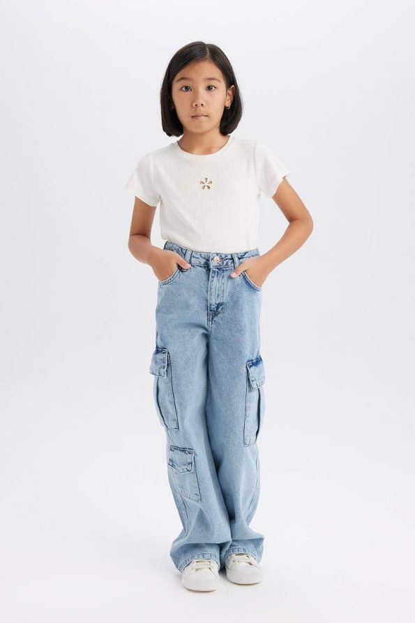 Girls' Wide Leg Cargo Cotton Jeans