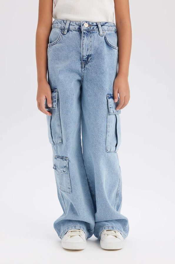 Girls' Wide Leg Cargo Cotton Jeans