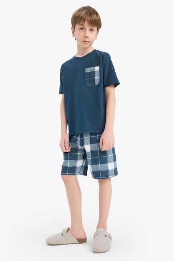 Boys' Short Sleeve Pajama Set with Checkered Shorts