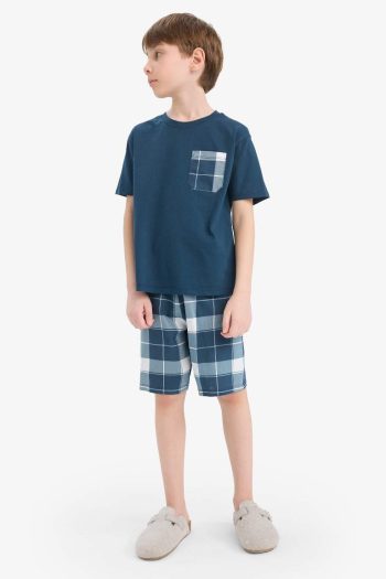 Boys' Short Sleeve Pajama Set with Checkered Shorts