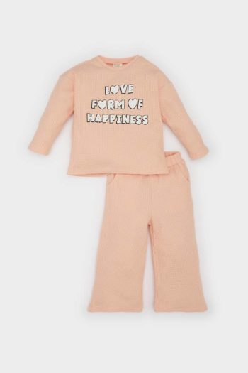 Girls' Baby 2-Piece Set Waffle Printed Sweatshirt with Elastic Waist Joggers