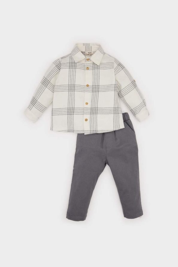 Boys' Two-Piece Set with Checkered Long Sleeve Shirt and Elastic Waist Pants