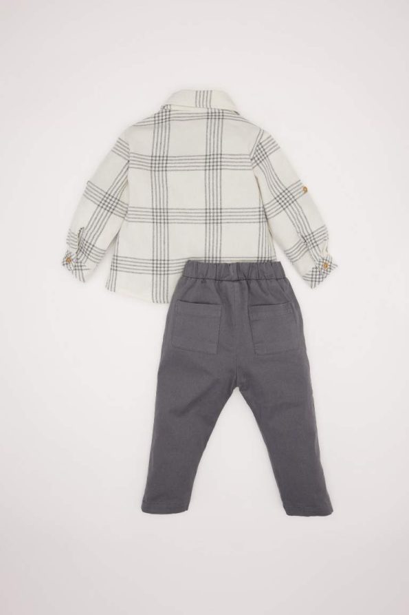 Boys' Two-Piece Set with Checkered Long Sleeve Shirt and Elastic Waist Pants