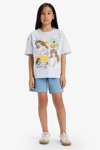 Girls' Oversized Wide Cut Printed Short Sleeve T-Shirt